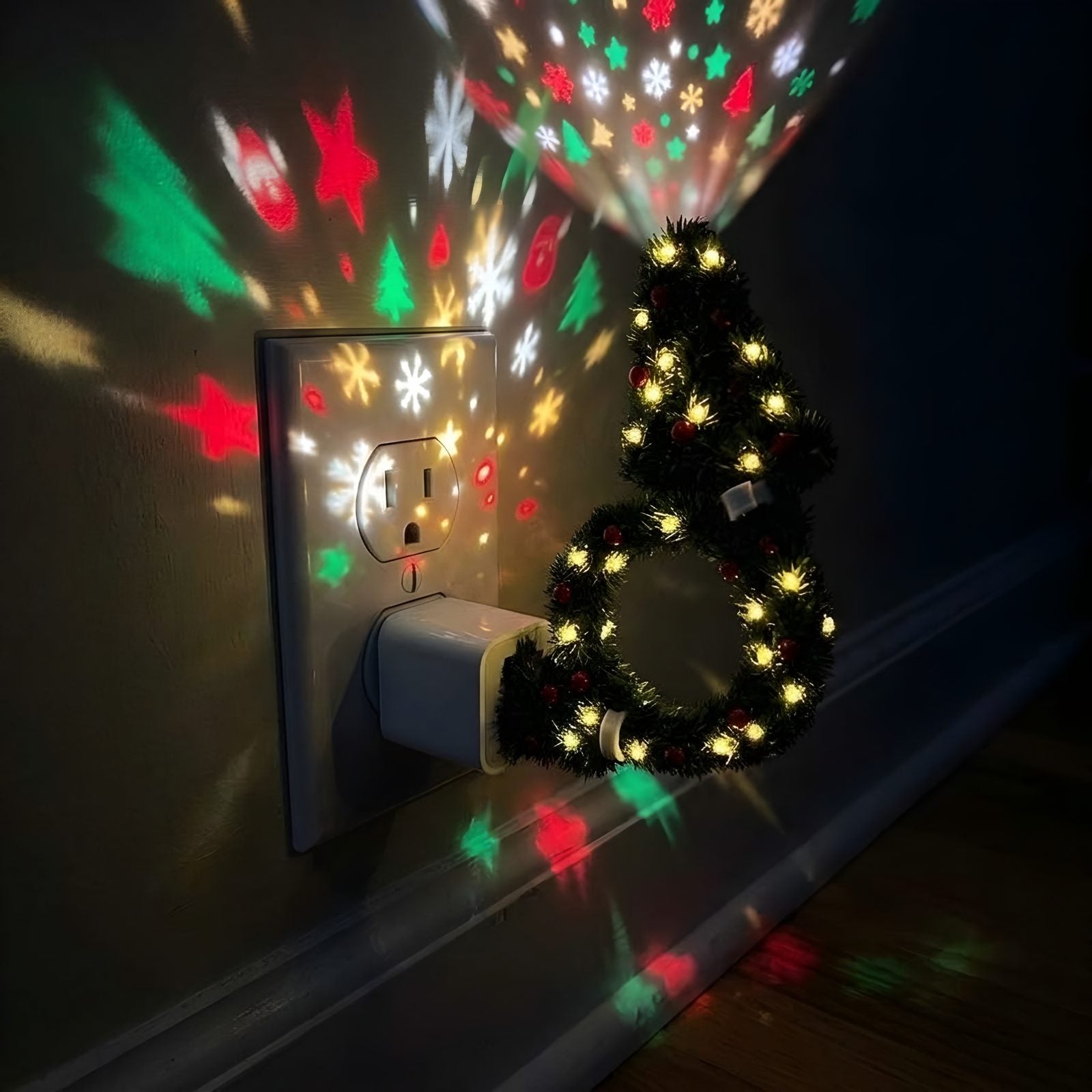 The little tree plugged into a USB charger at the outlet, glowing