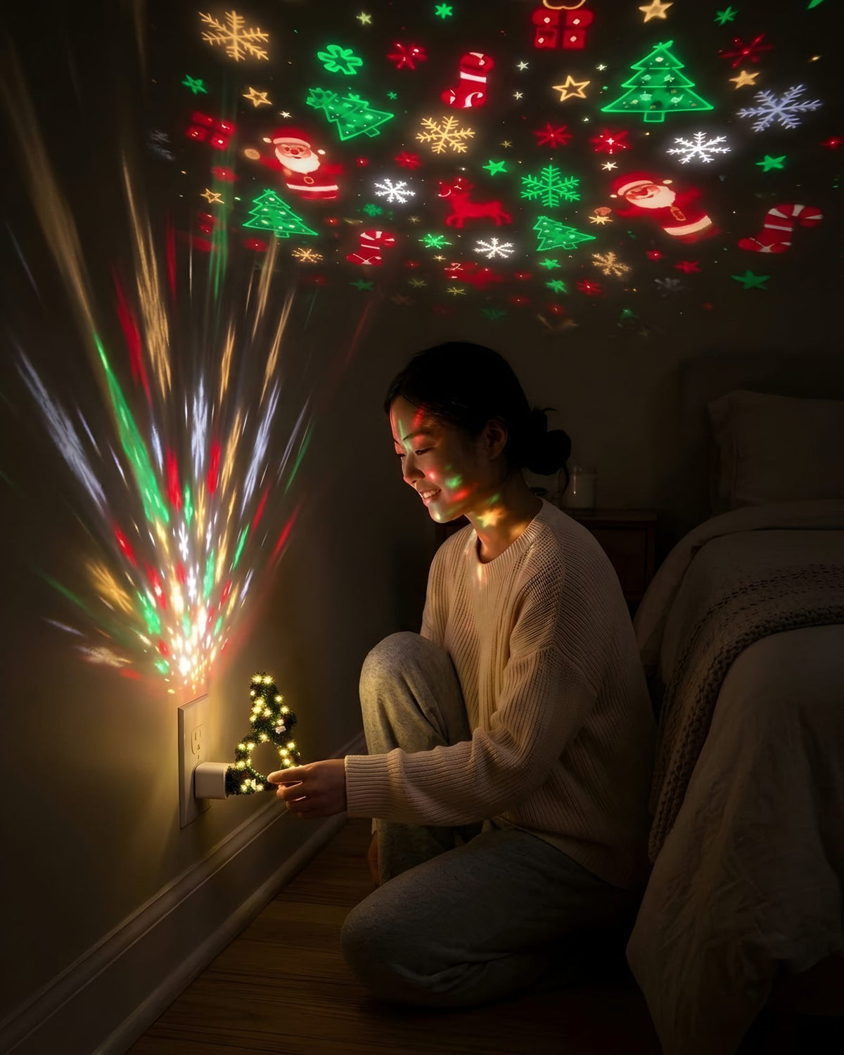 A woman kneeling by the outlet, plugging the little tree into a USB charger, Christmas shapes fanning up the wall