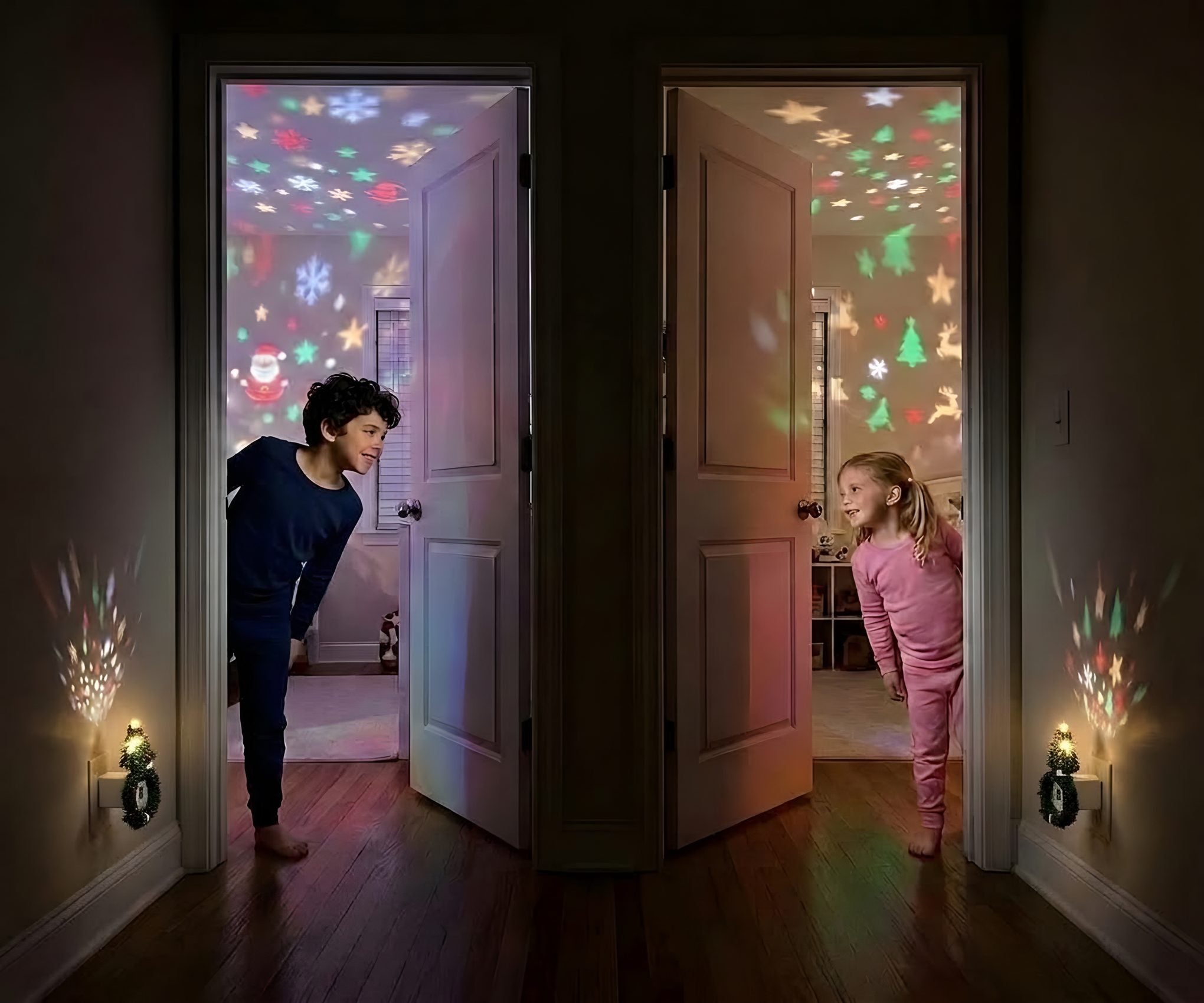 A brother and sister leaning out of their bedroom doors, one little tree glowing at each outlet
