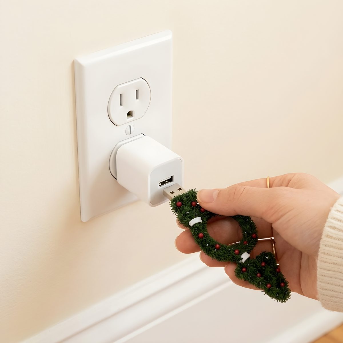 Plugging the light into a USB charger in the wall outlet